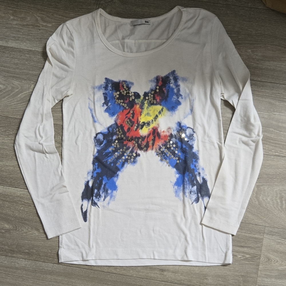 Women's White Long Sleeve Top with Colorful Abstract Design
